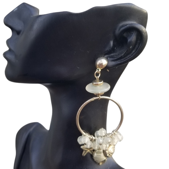 VINTAGE SILVERTONE OCEAN THEME CHARMED DROP STATEMENT EARRINGS - Picture 1 of 5